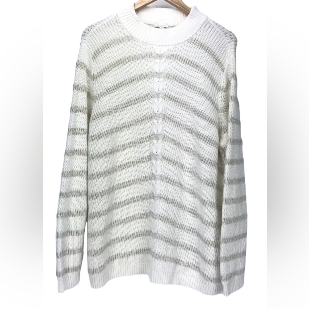 Talbots Cotton Pullover Knit Sweater Ivory Metallic Gold Striped